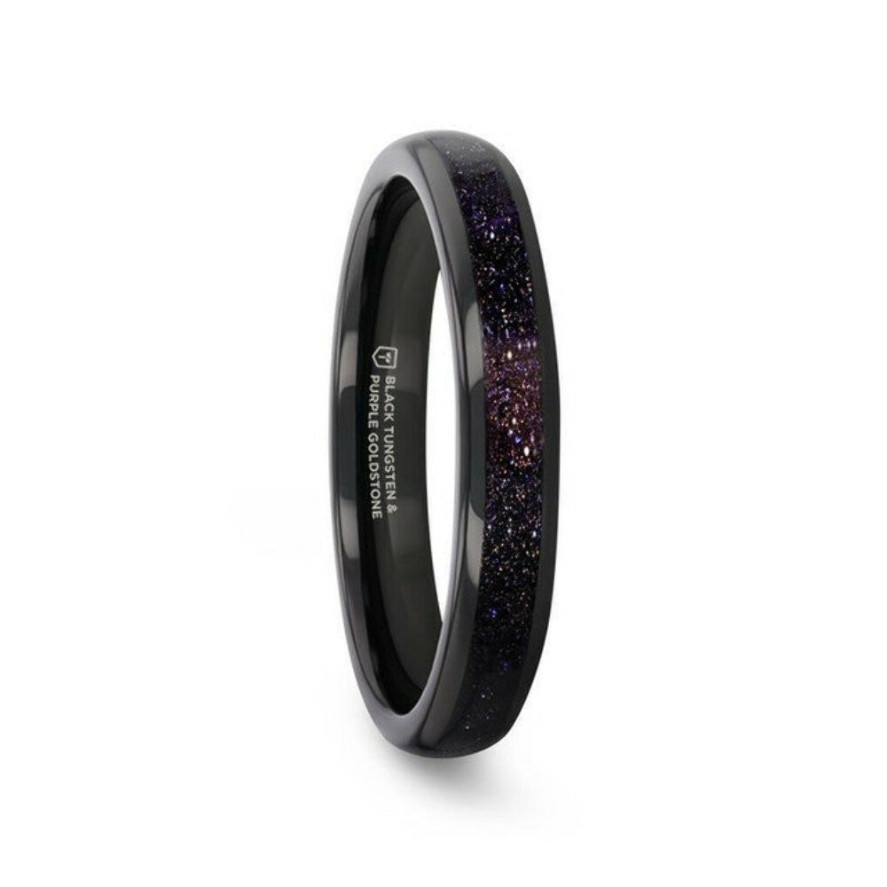 Mens Black Tungsten Crushed Blue and Purple Goldstone Inlay Wedding Ring - 4mm Wide - Style name: ASTRUM