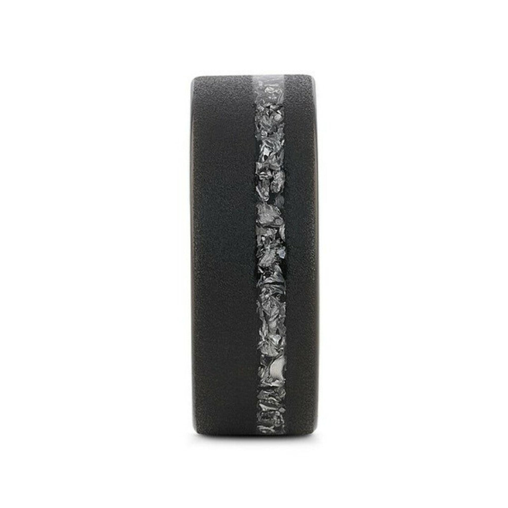 Mens Sandblasted Black Tungsten with Meteorite Fragments Inlay Wedding Ring - 8mm Wide - Style name: ABYSS