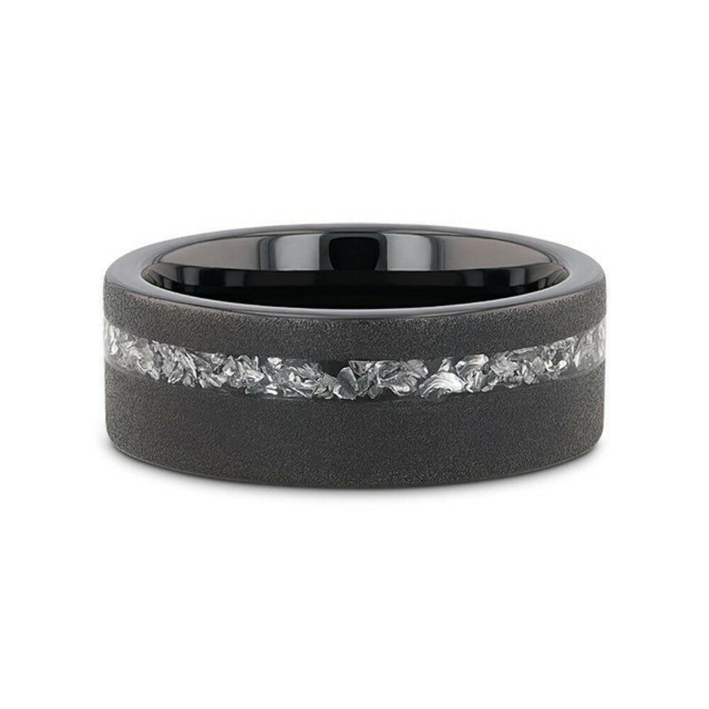 Mens Sandblasted Black Tungsten with Meteorite Fragments Inlay Wedding Ring - 8mm Wide - Style name: ABYSS