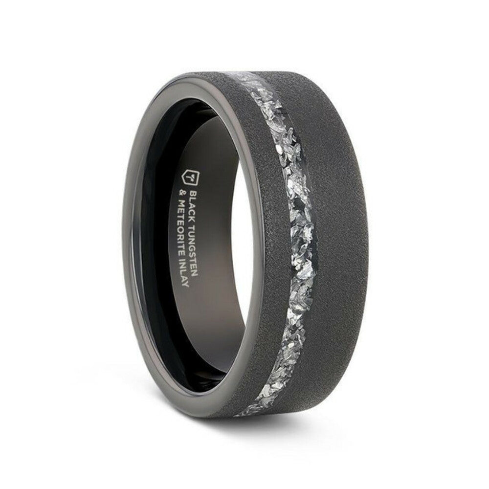 Mens Sandblasted Black Tungsten with Meteorite Fragments Inlay Wedding Ring - 8mm Wide - Style name: ABYSS