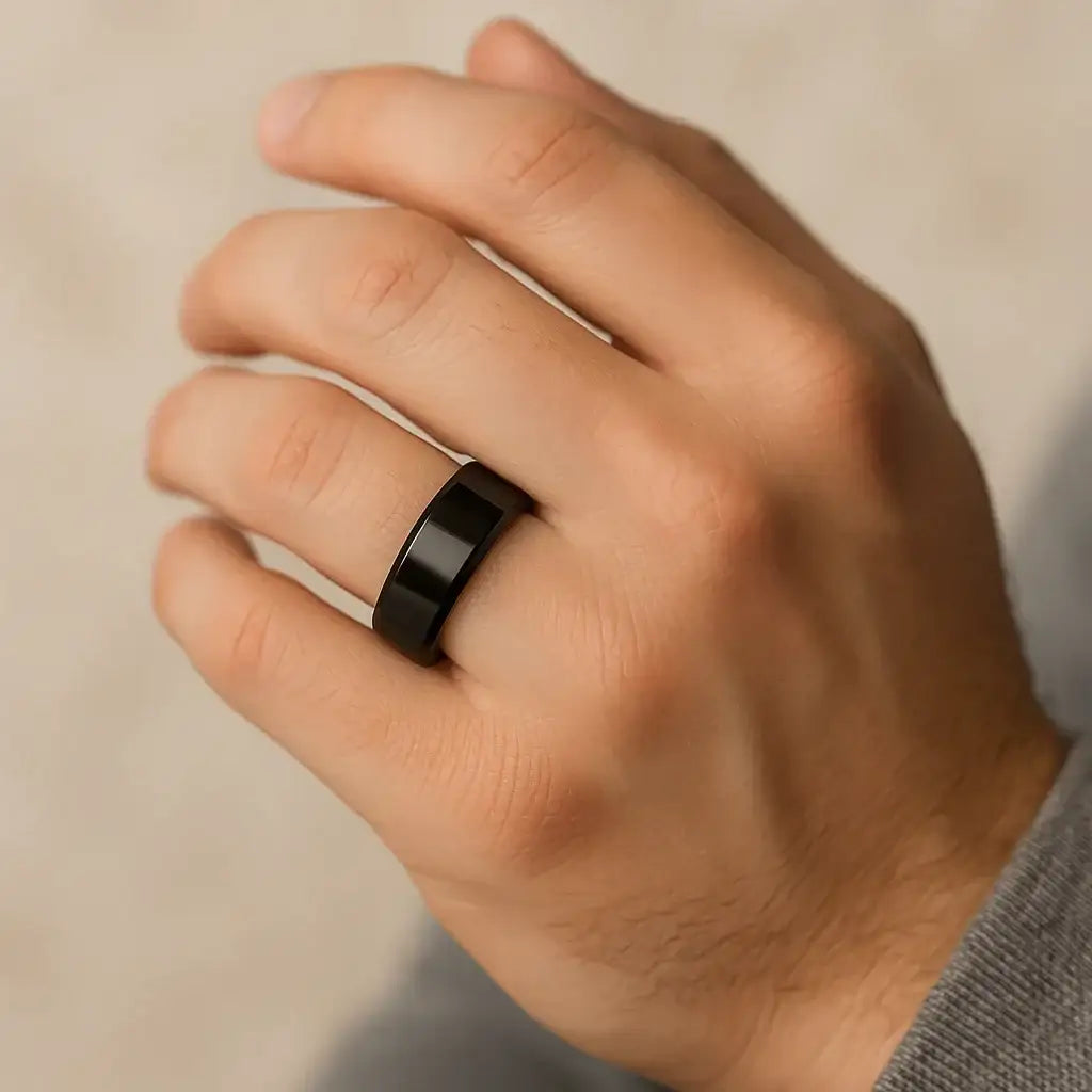Mens Titanium Black Wedding Ring - Beveled Comfort Fit - 8mm Wide - Style name: EXODUS