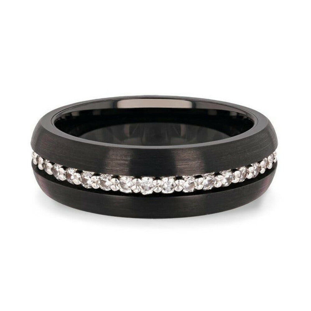 Mens White Sapphires Black Tungsten Finish Wedding Band - Domed Brushed - 8mm Wide - Style name: TSAR