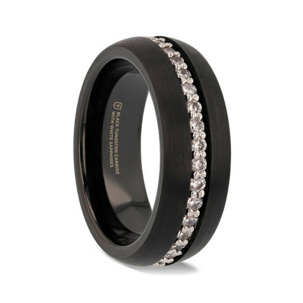 Mens White Sapphires Black Tungsten Finish Wedding Band - Domed Brushed - 8mm Wide - Style name: TSAR