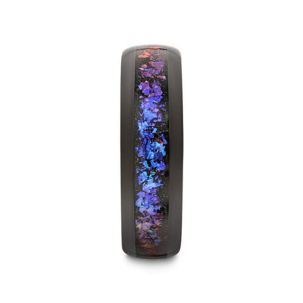 Mens Black Tungsten Crushed Alexandrite and Dark Blue & Purple Crushed Goldstone Wedding Ring - Domed Polished Fit - 4mm 8mm Wide - Style name: COSMIC
