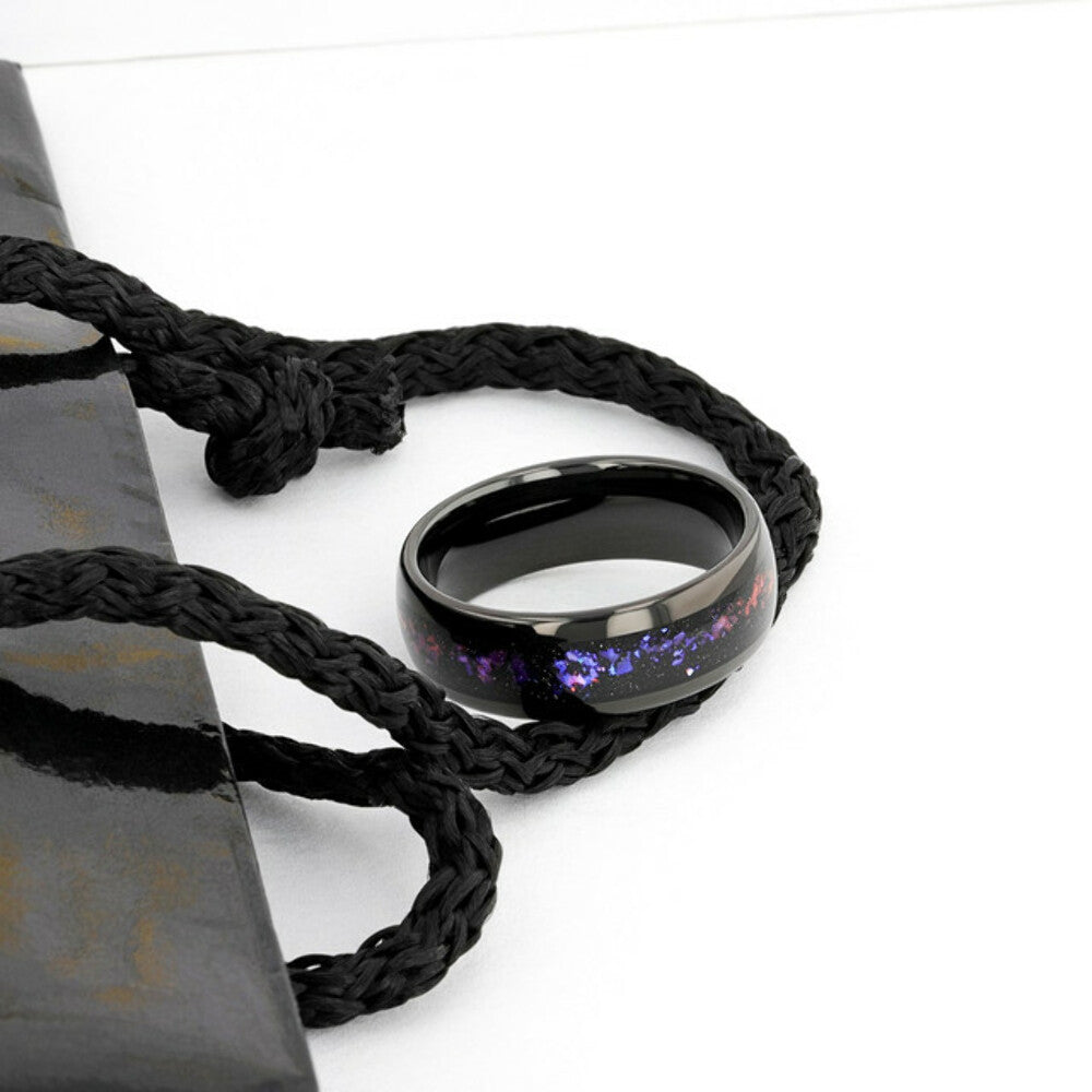 Mens Black Tungsten Crushed Alexandrite and Dark Blue & Purple Crushed Goldstone Wedding Ring - Domed Polished Fit - 4mm 8mm Wide - Style name: COSMIC