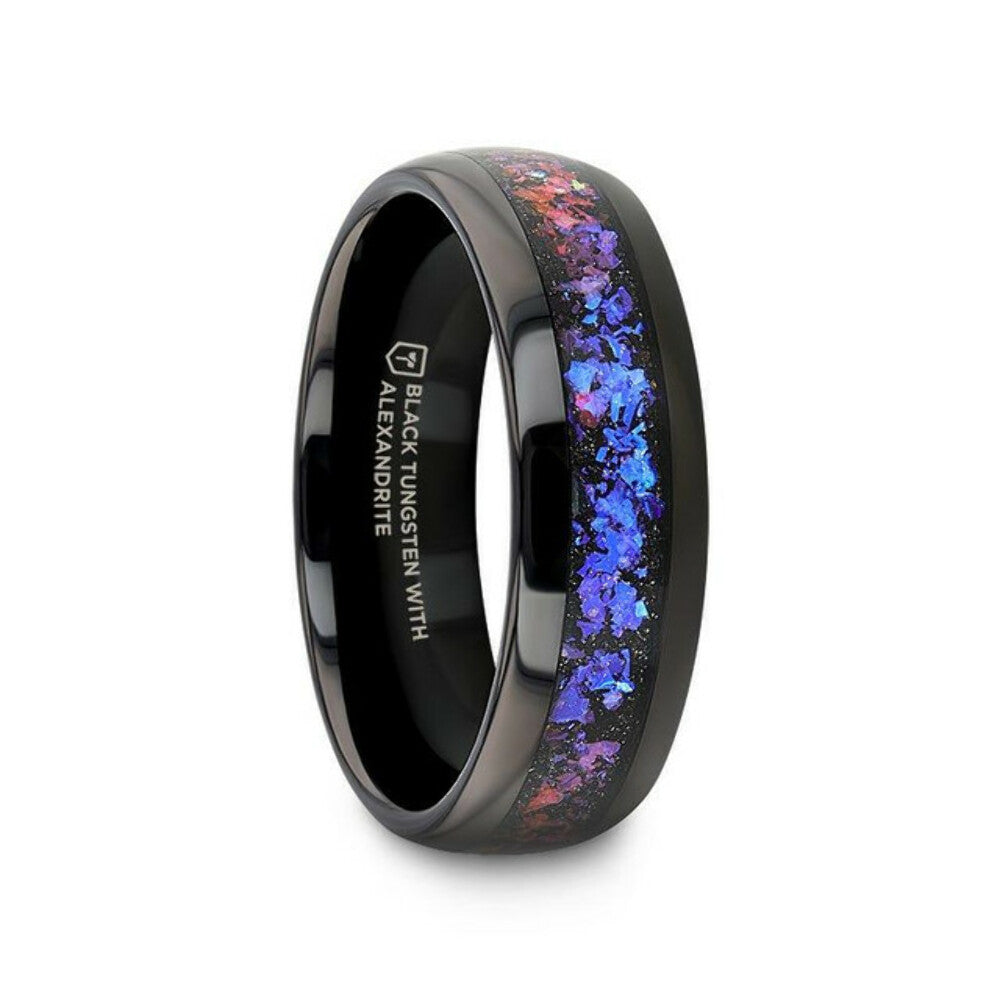 Mens Black Tungsten Crushed Alexandrite and Dark Blue & Purple Crushed Goldstone Wedding Ring - Domed Polished Fit - 4mm 8mm Wide - Style name: COSMIC