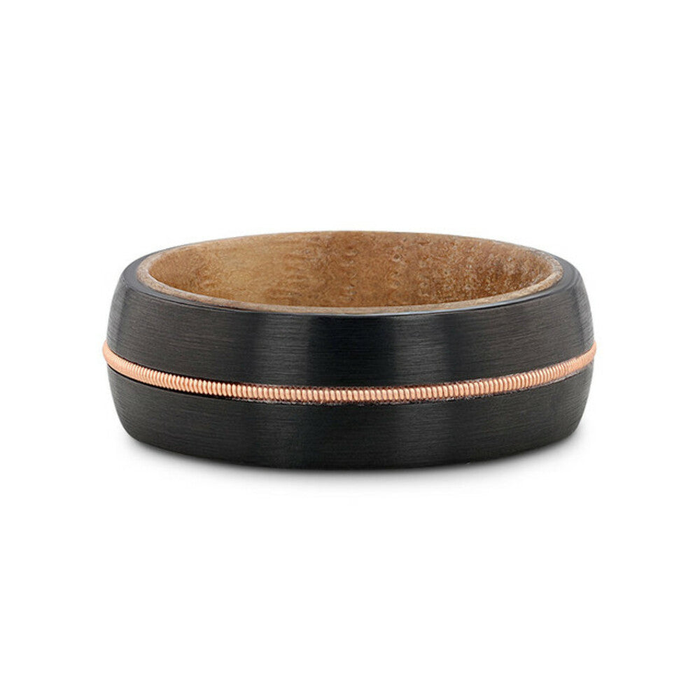 Mens Black Tungsten with Brass Guitar String and Whiskey Barrel Inner Sleeve Wedding Ring - 8mm Wide - Style name: CHORDAL