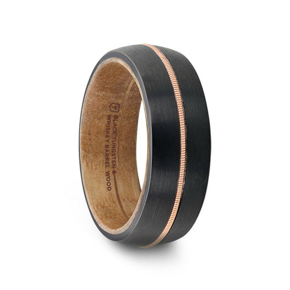Mens Black Tungsten with Brass Guitar String and Whiskey Barrel Inner Sleeve Wedding Ring - 8mm Wide - Style name: CHORDAL
