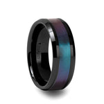 Load image into Gallery viewer, Mens Comfort Fit Beveled Black Ceramic Ring - Blue-Purple Color Changing Inlay -6mm 8mm 10mm Wide - Style name: BARRACUDA -  Lifetime Warranty
