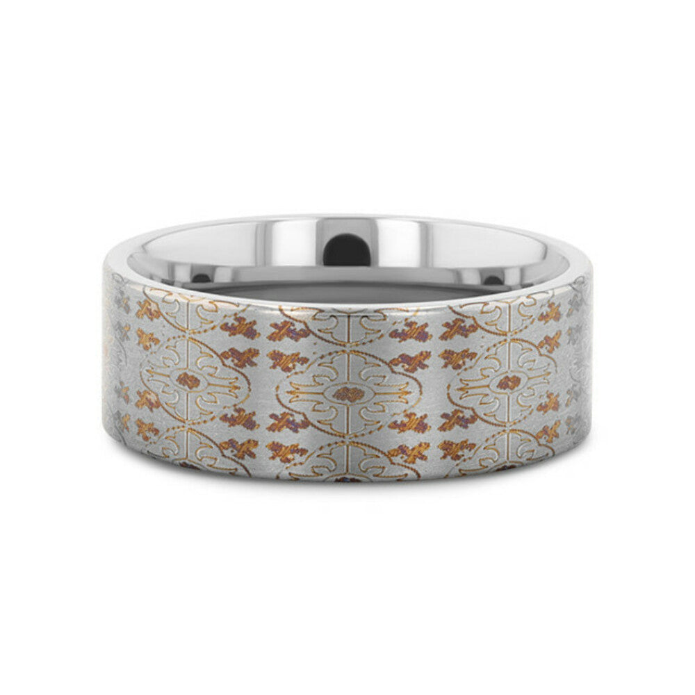 Mens Flat Titanium Engraved Cross Pattern Wedding Ring - 8mm Wide - Style name: HAVEN