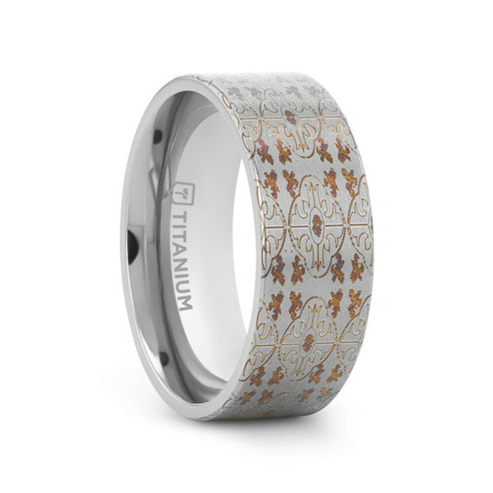 Mens Flat Titanium Engraved Cross Pattern Wedding Ring - 8mm Wide - Style name: HAVEN