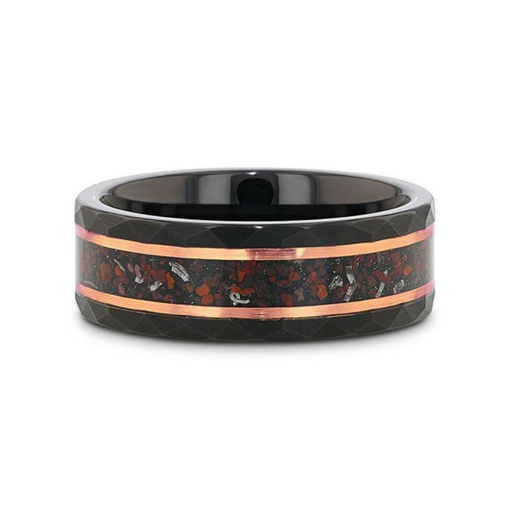 Mens Black/Rose Hammered Tungsten Carbide Dinosaur Bones and Meteorite Wedding Ring - 8mm Wide - Style name: INFERNO