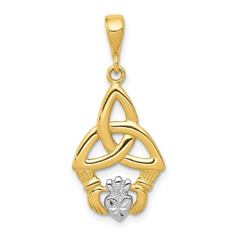 14K Yellow Gold Rhodium Diamond-cut Claddagh Pendant 30mm length