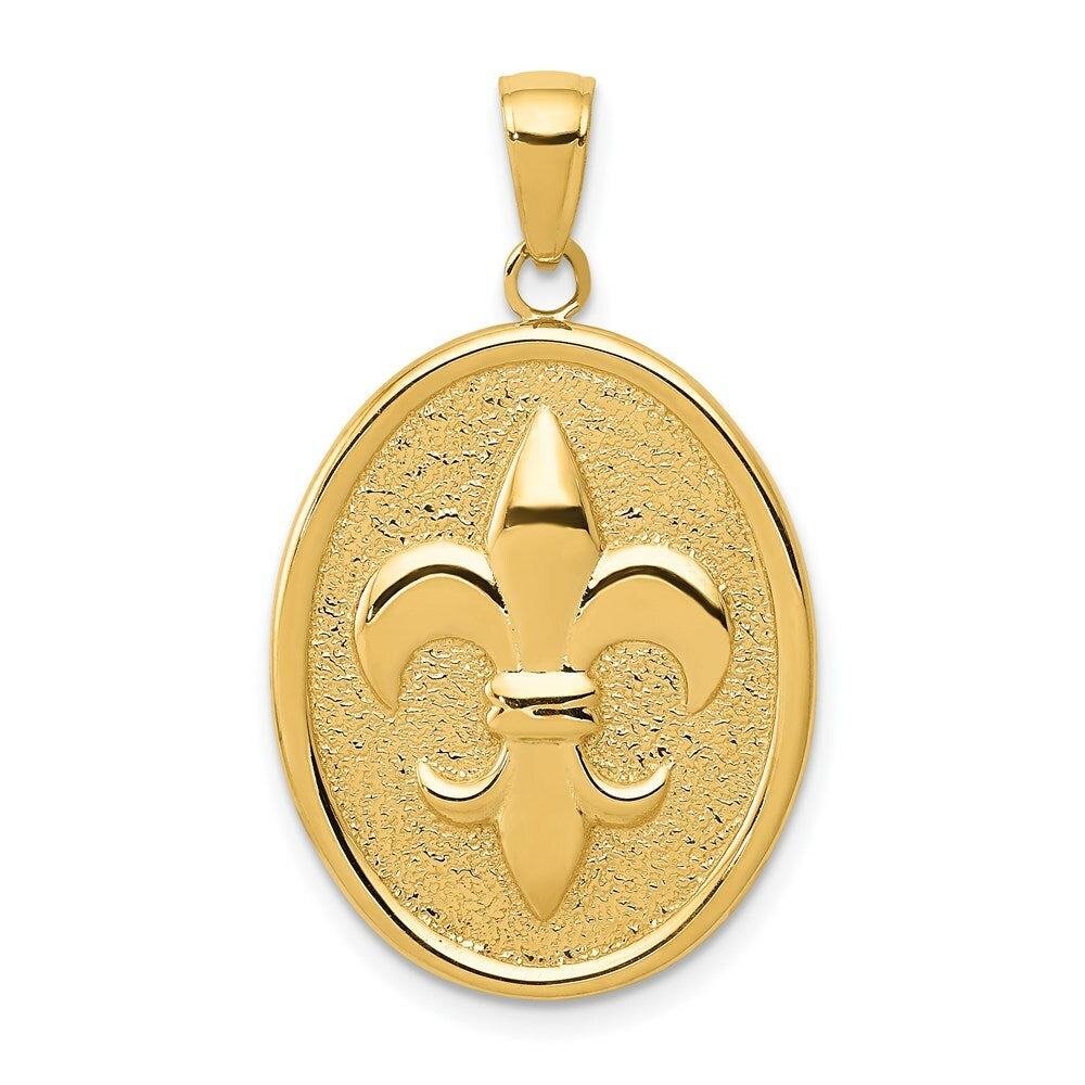 14K Yellow Gold Fleur-De-Lis on Oval Disk Pendant