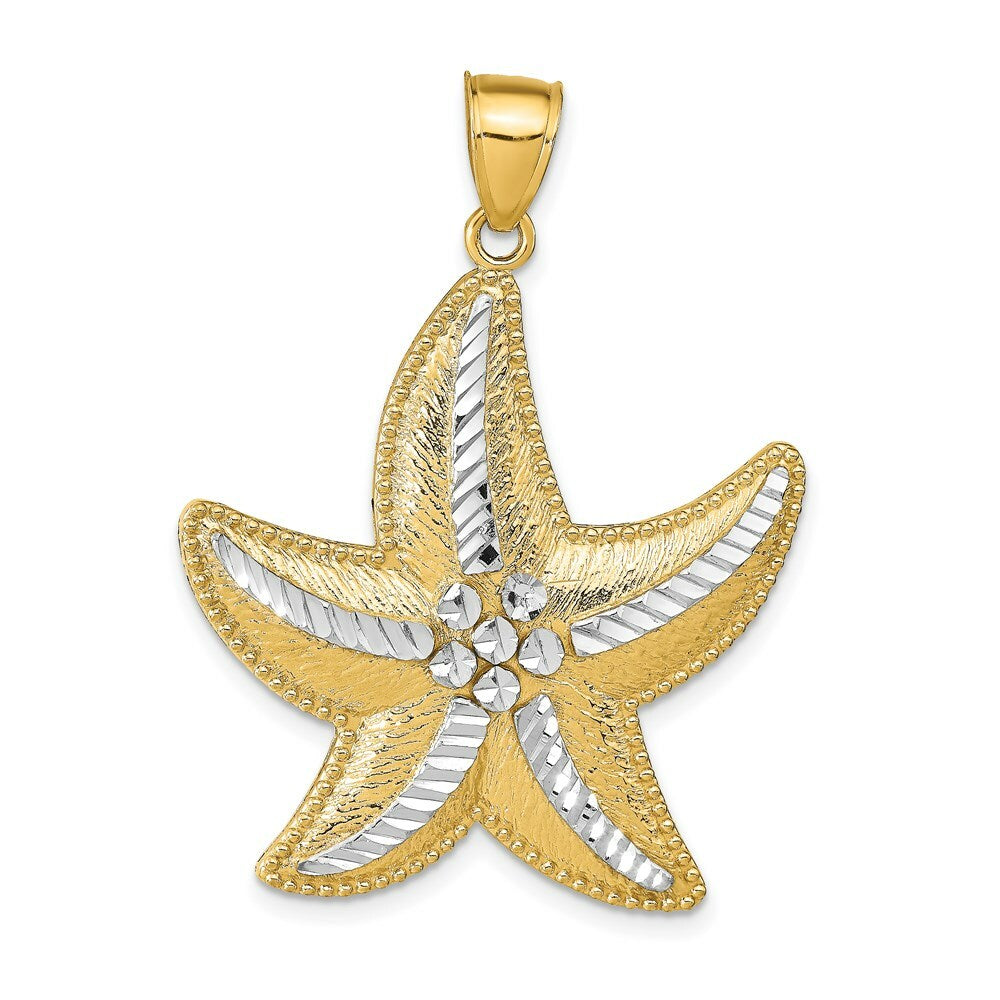 14K Yellow Gold with White Rhodium Diamond-cut Textured Starfish Pendant