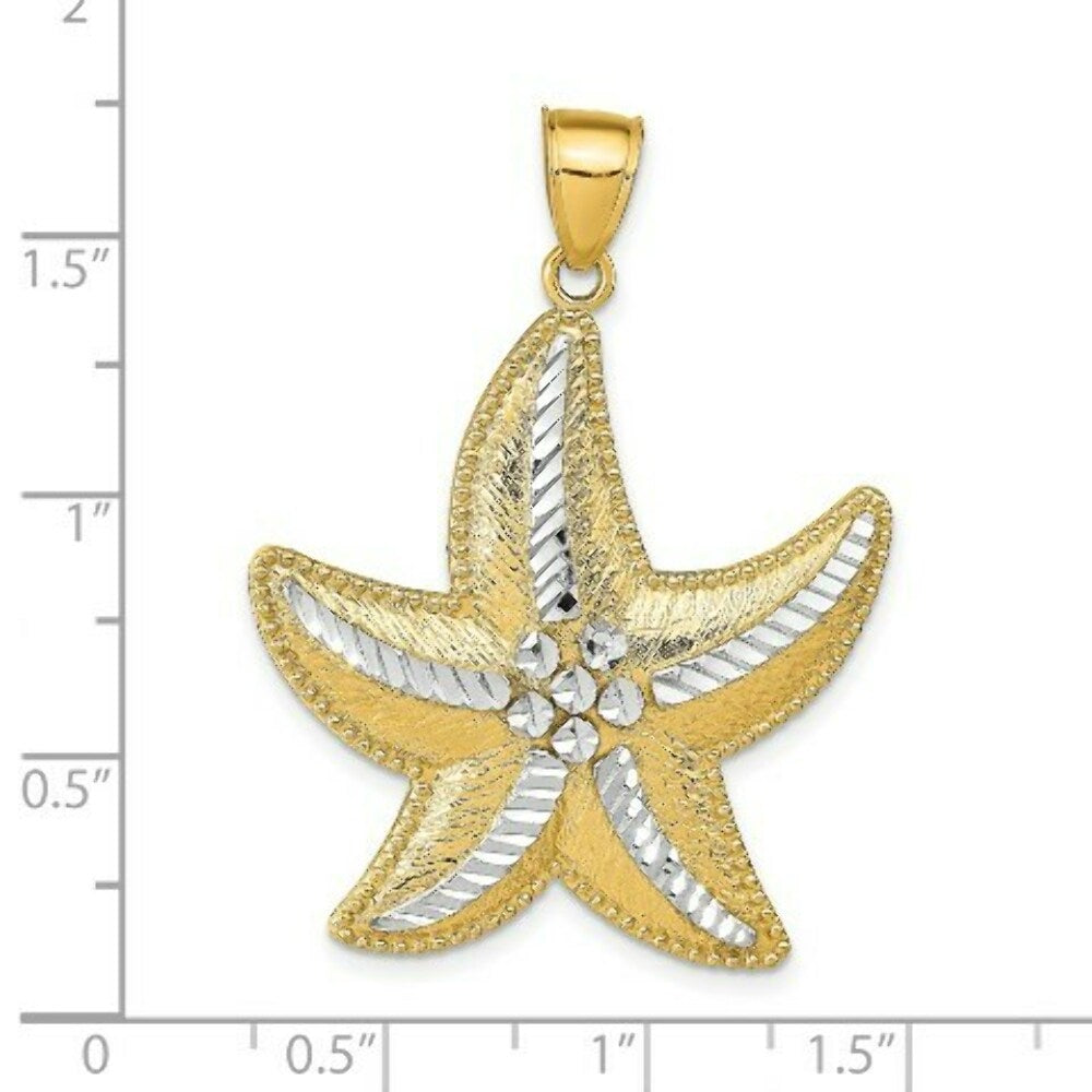 14K Yellow Gold with White Rhodium Diamond-cut Textured Starfish Pendant