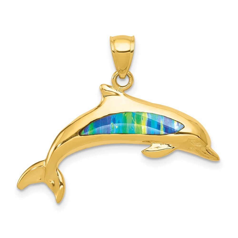 14K Yellow Gold Imitation Opal Dolphin Pendant