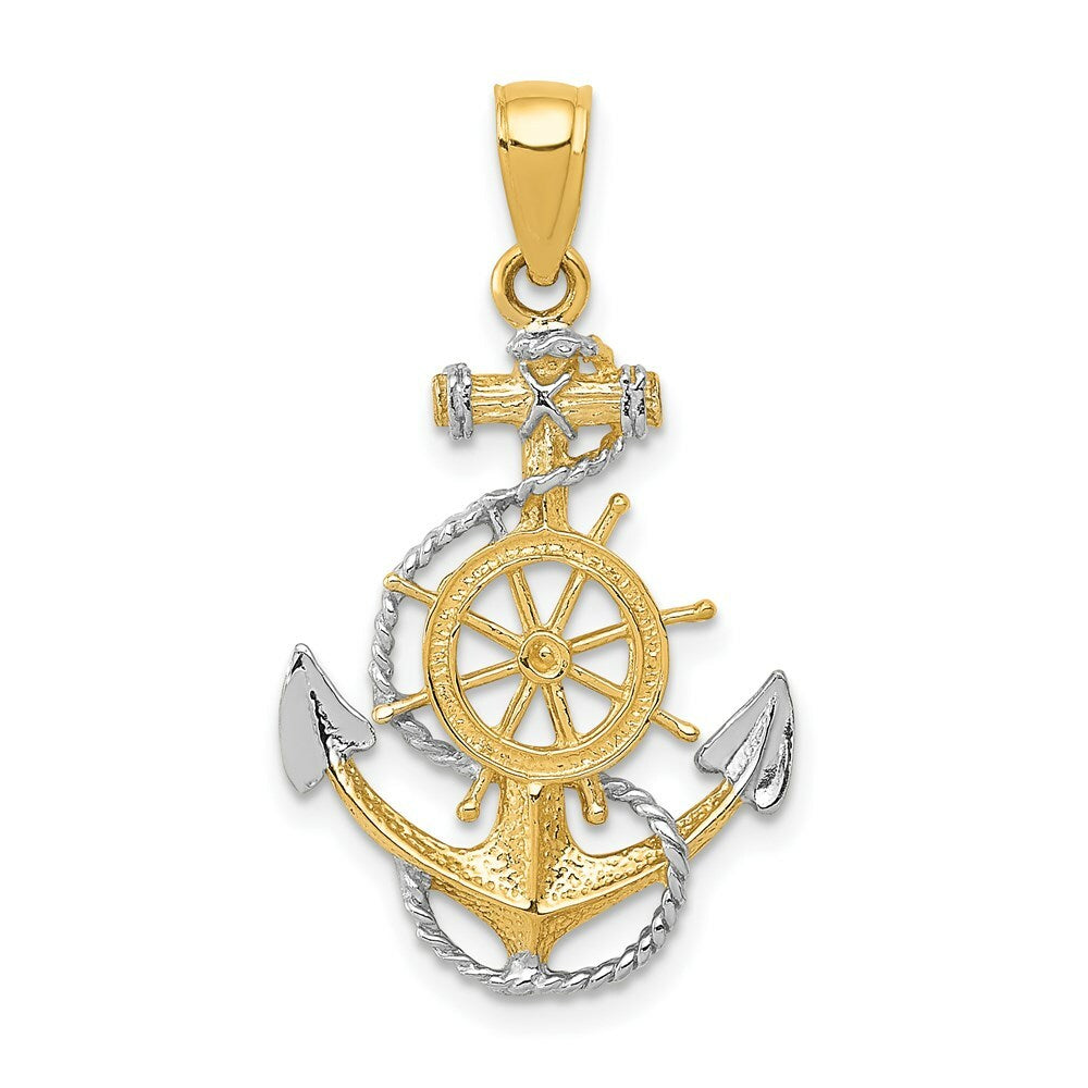 14K Yellow Gold& Rhodium Anchor w/Rope Pendant