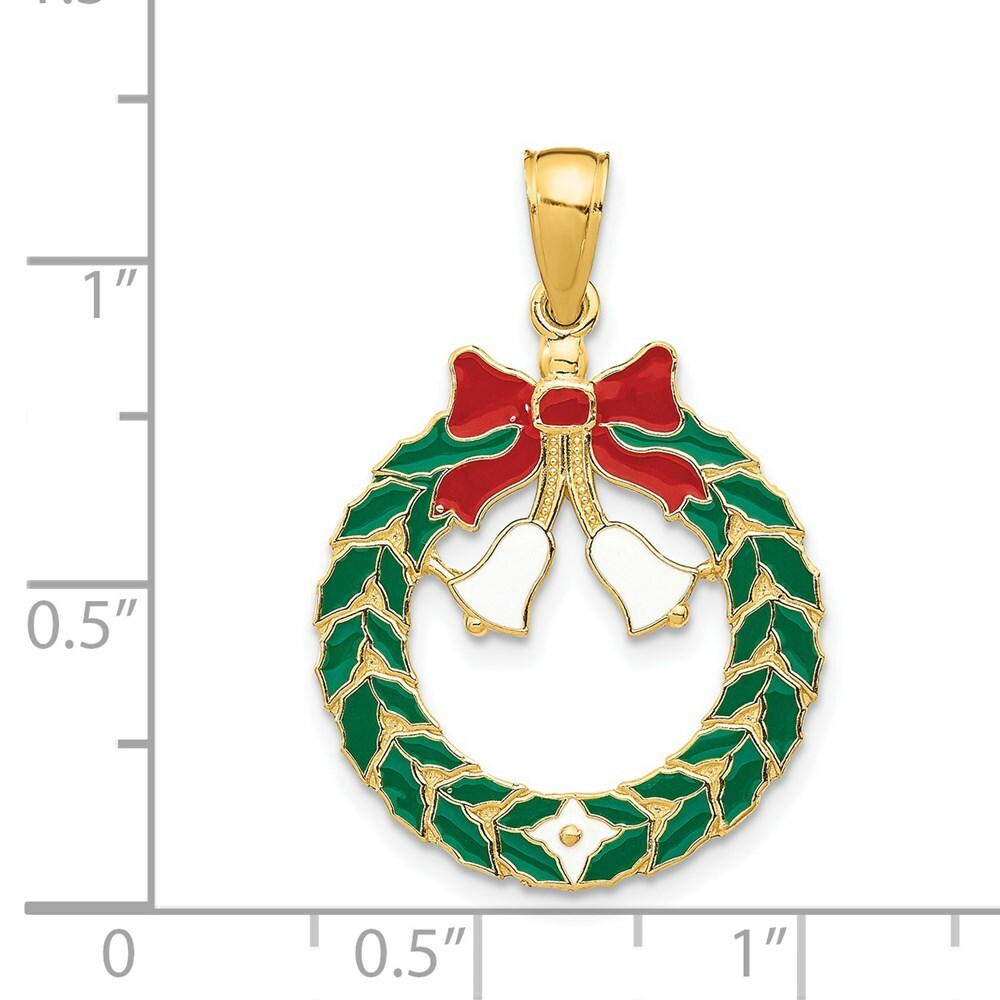 14K Yellow Gold Enameled Christmas Wreath Pendant