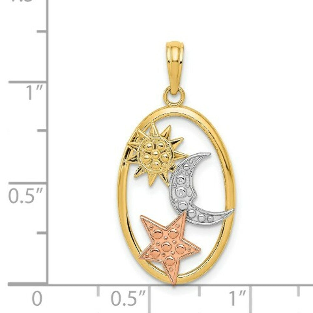 14K Yellow Gold Yellow & Rose Gold w/Rhodium Sun, Moon & Star Oval Pendant