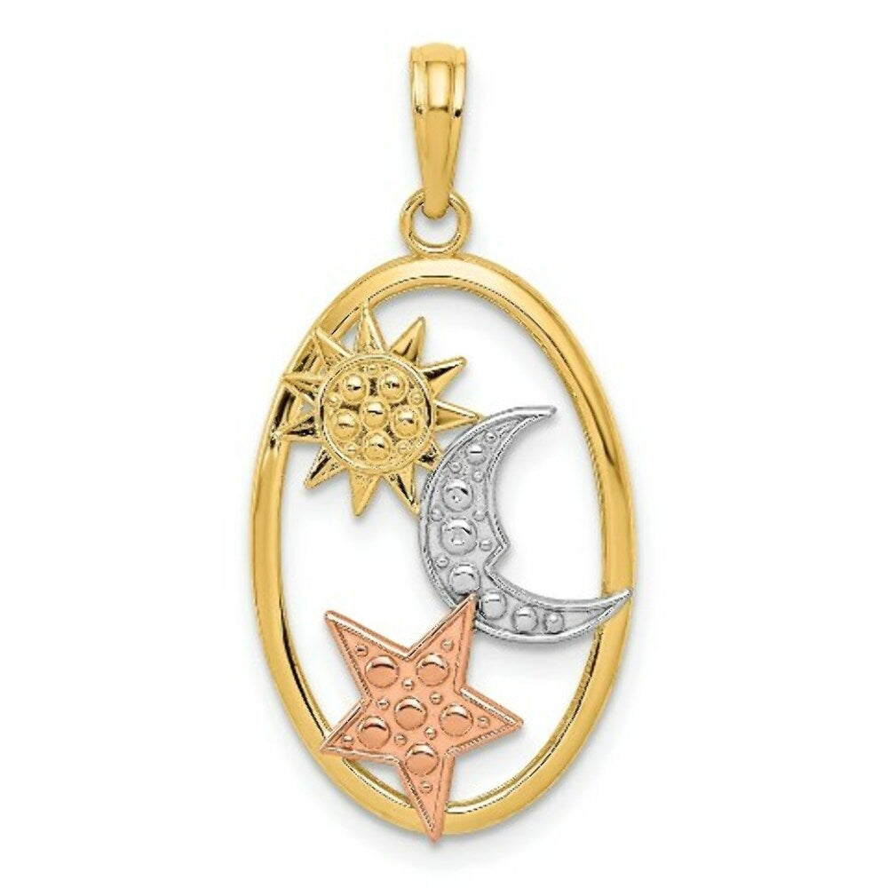 14K Yellow Gold Yellow & Rose Gold w/Rhodium Sun, Moon & Star Oval Pendant
