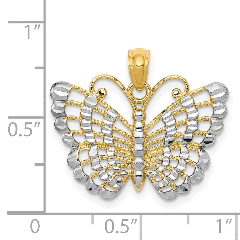 14K Yellow Gold and Rhodium Diamond-cut Butterfly Pendant