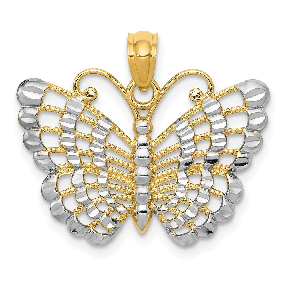 14K Yellow Gold and Rhodium Diamond-cut Butterfly Pendant