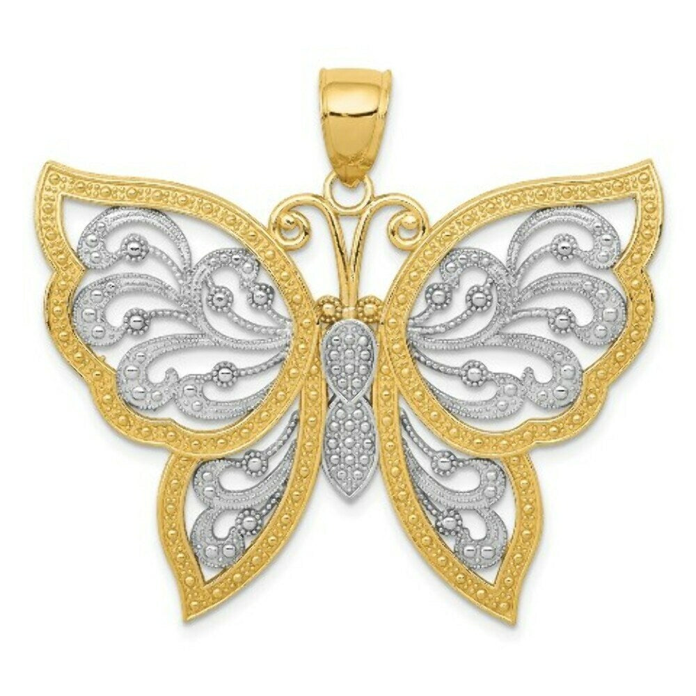 14K Yellow Gold & Rhodium Diamond-cut Butterfly Pendant