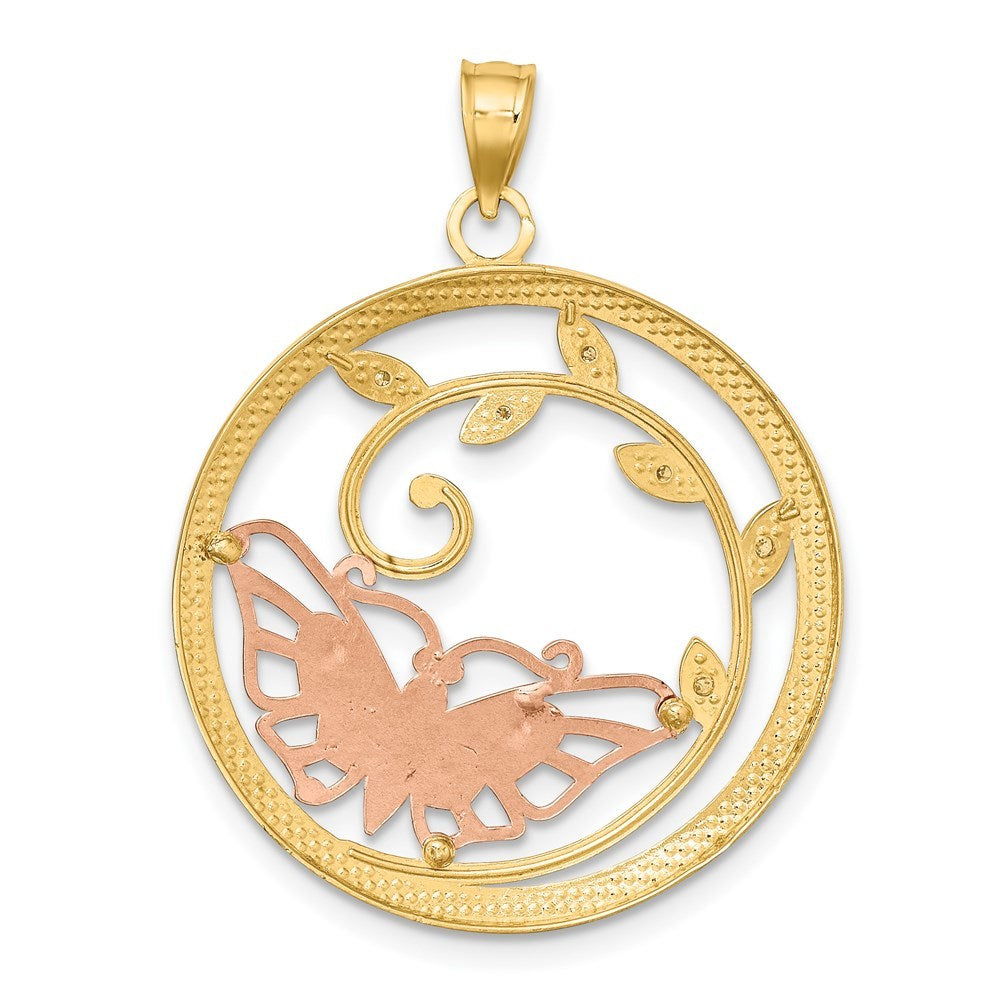 14K Yellow Gold Yellow & Rose Gold w/Rhodium Butterfly in Circle Pendant