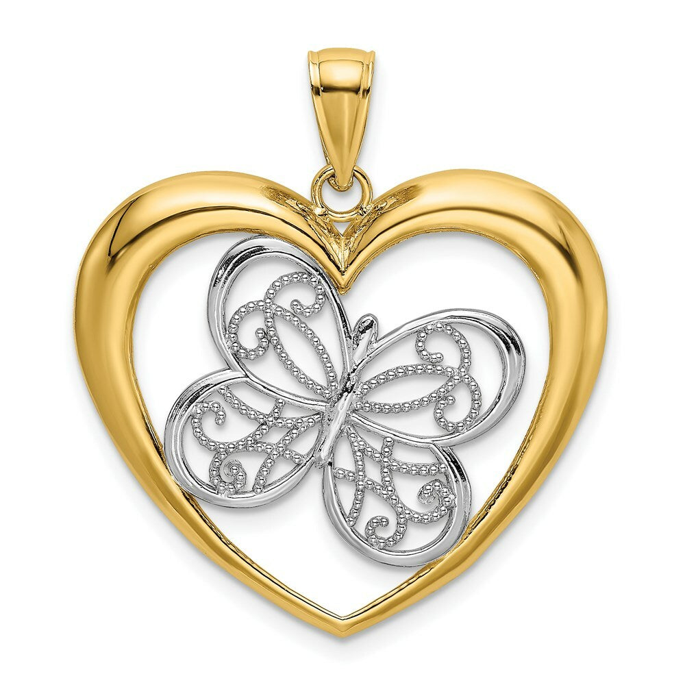 14K Yellow Gold with White Rhodium Butterfly in Heart Charm Pendant