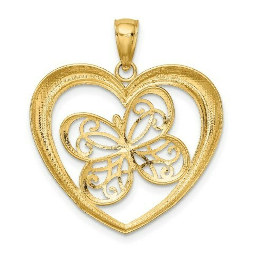 14K Yellow Gold with White Rhodium Butterfly in Heart Charm Pendant