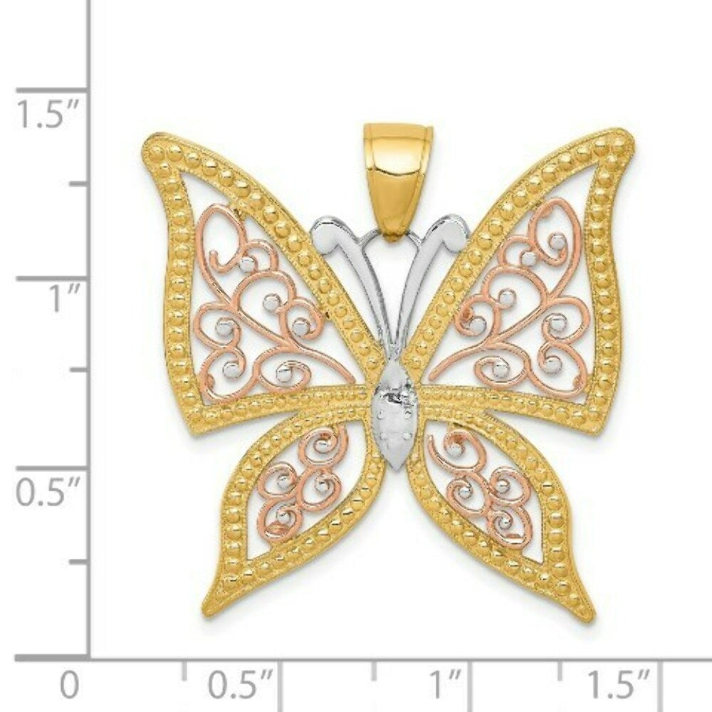14K Yellow Gold Yellow & Rose Gold w/Rhodium Diamond-cut Butterfly Pendant