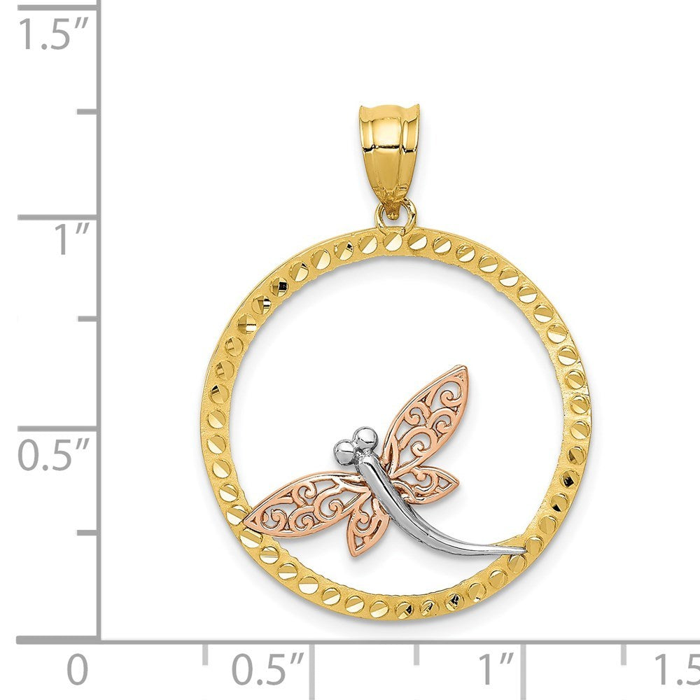 14K Yellow Gold Yellow, Rose and Rhodium Dragonfly Pendant