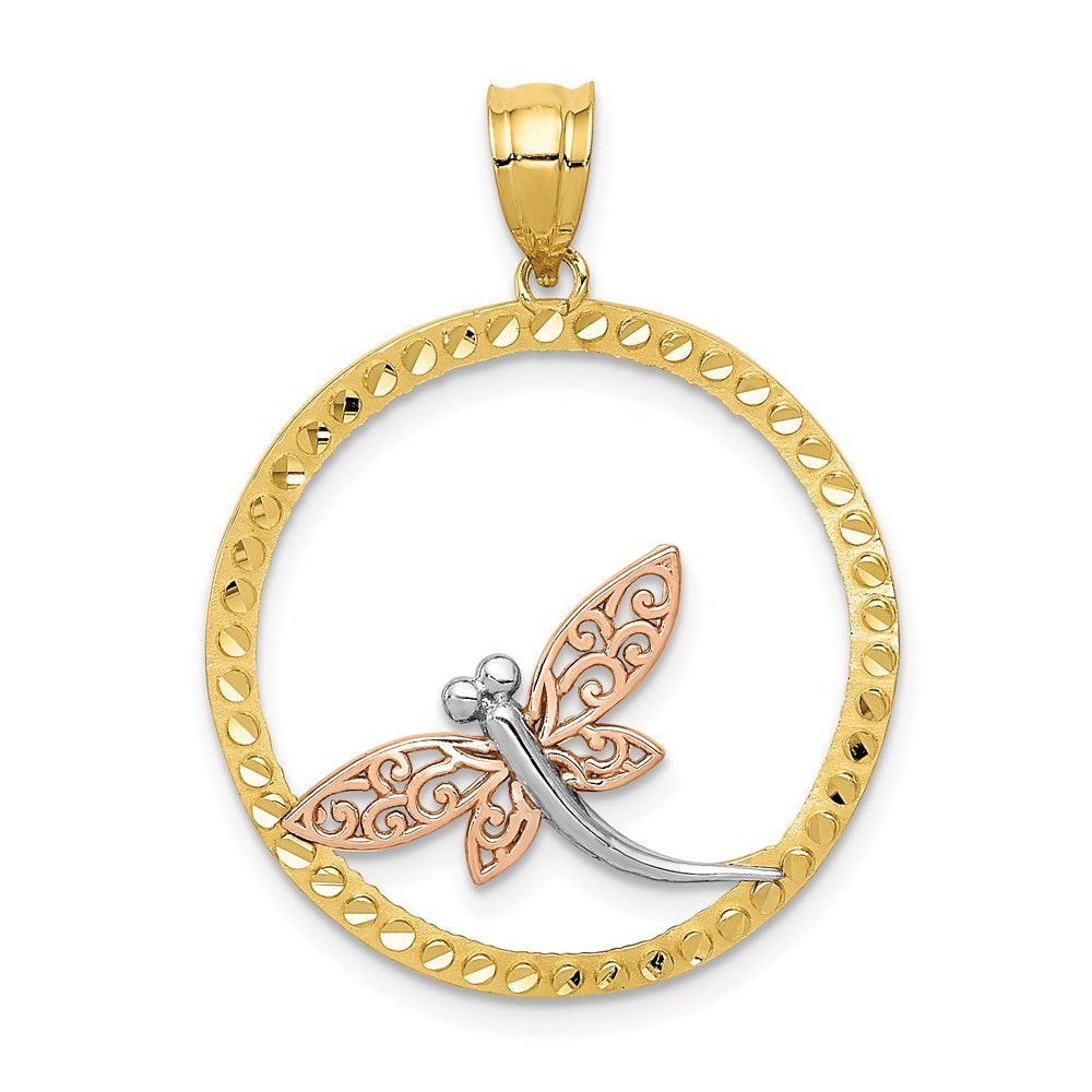 14K Yellow Gold Yellow, Rose and Rhodium Dragonfly Pendant
