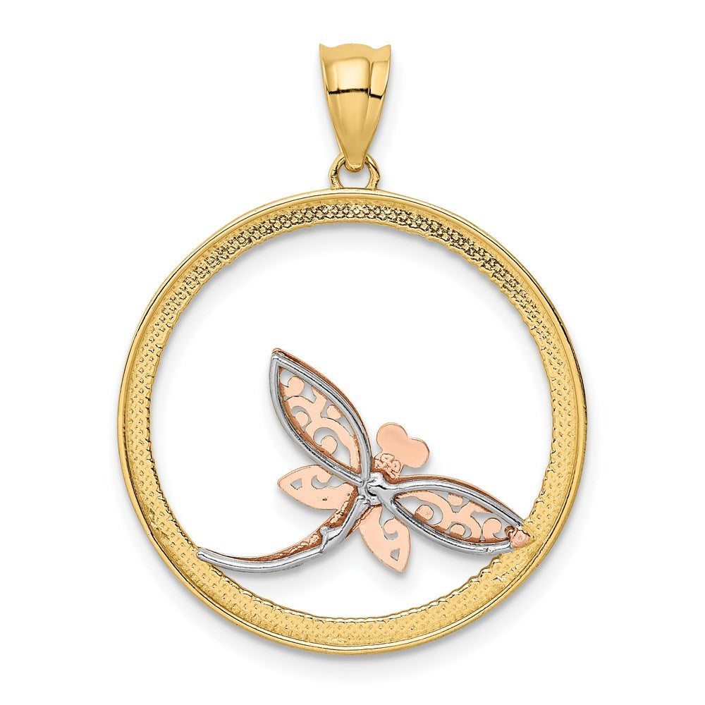 14K Yellow Gold Yellow, Rose and Rhodium Dragonfly Pendant