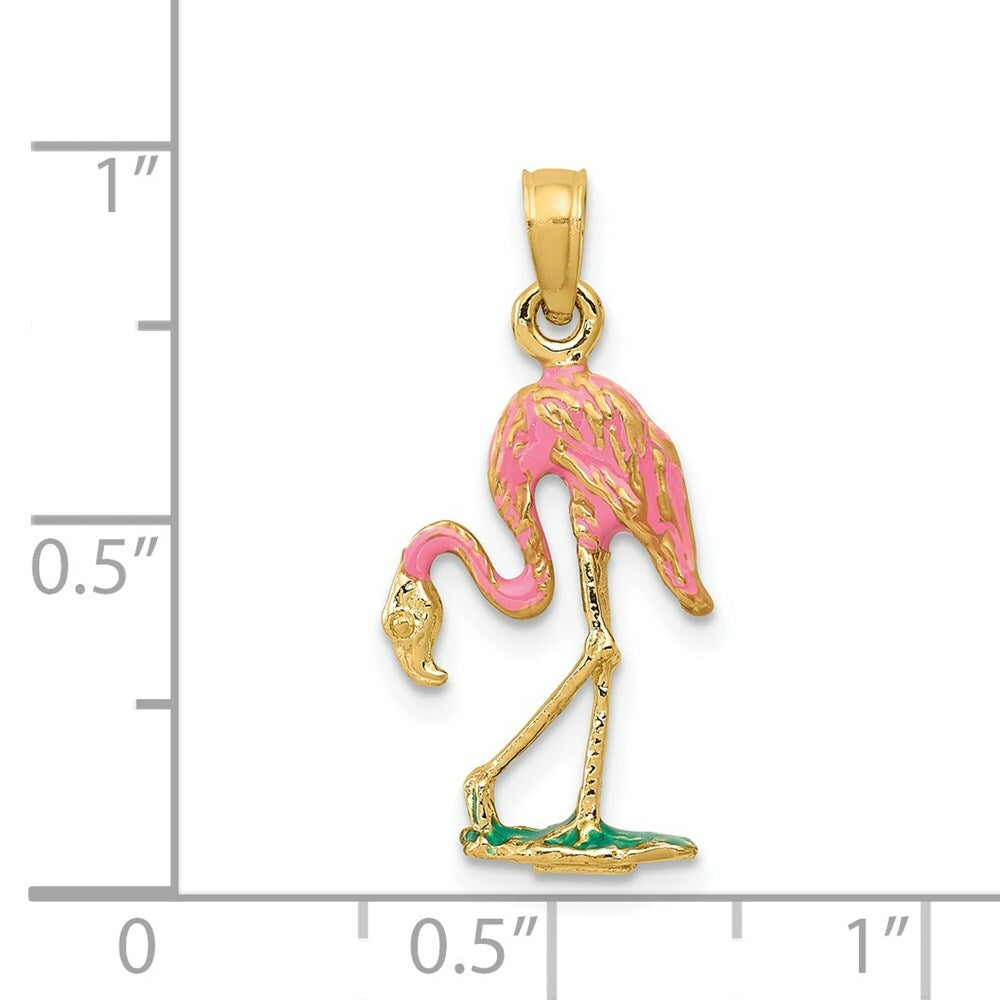 14K Yellow Gold Enameled Flamingo Pendant