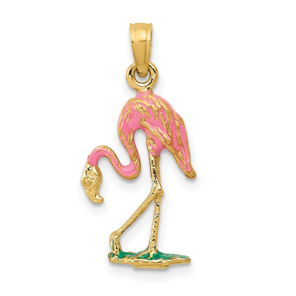 14K Yellow Gold Enameled Flamingo Pendant