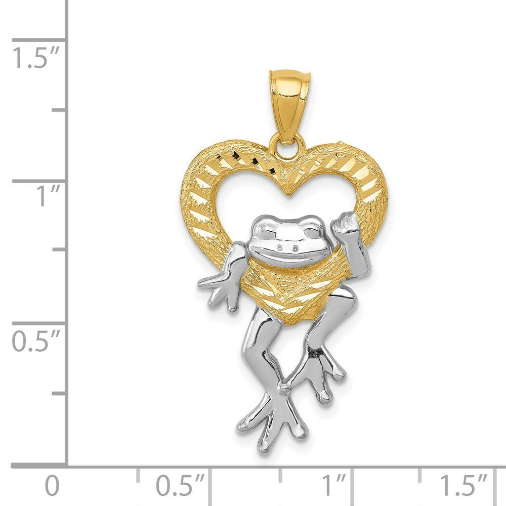 14K Yellow Gold and Rhodium Diamond-cut Frog in Heart Pendant
