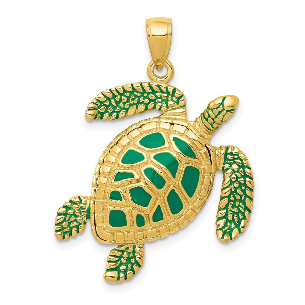 14K Yellow Gold 3-D Enameled Sea Turtle Pendant