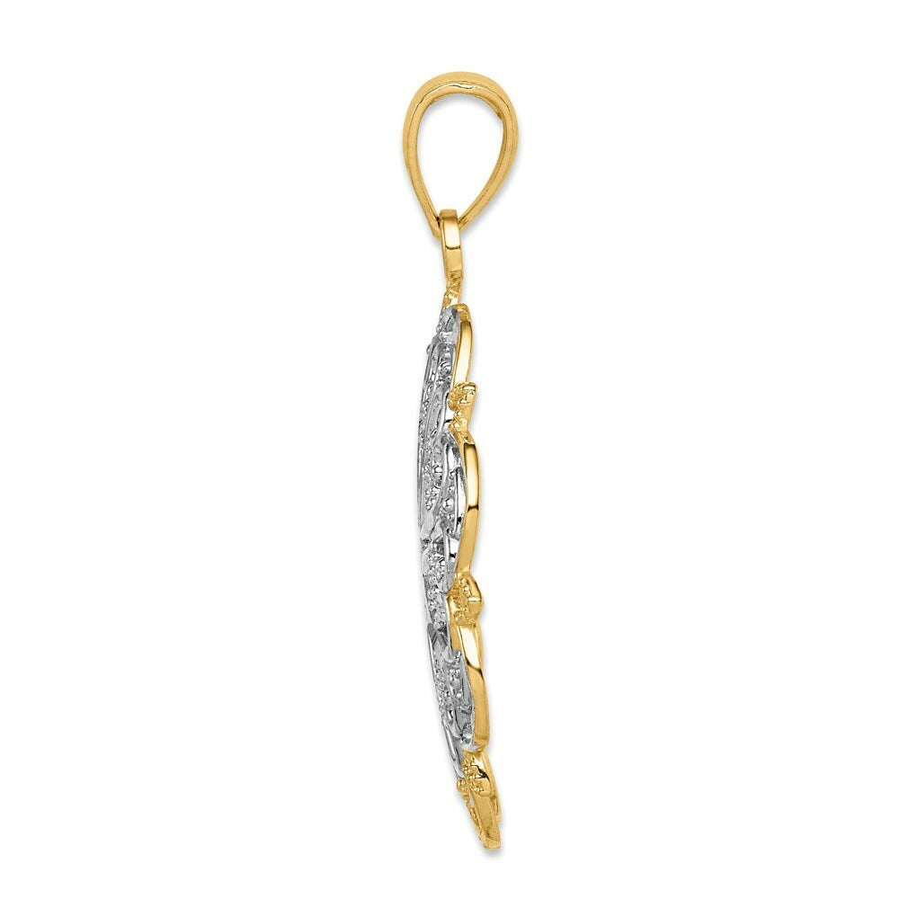 14K Yellow Gold & Rhodium Filigree Hearts w/Scalloped Edge Pendant