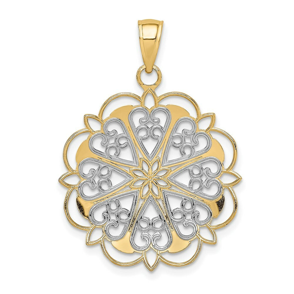 14K Yellow Gold & Rhodium Filigree Hearts w/Scalloped Edge Pendant