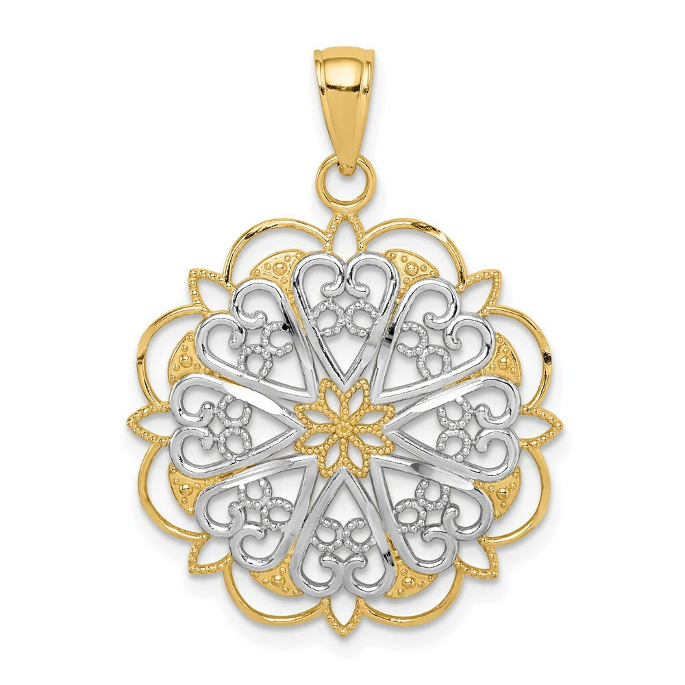 14K Yellow Gold & Rhodium Filigree Hearts w/Scalloped Edge Pendant