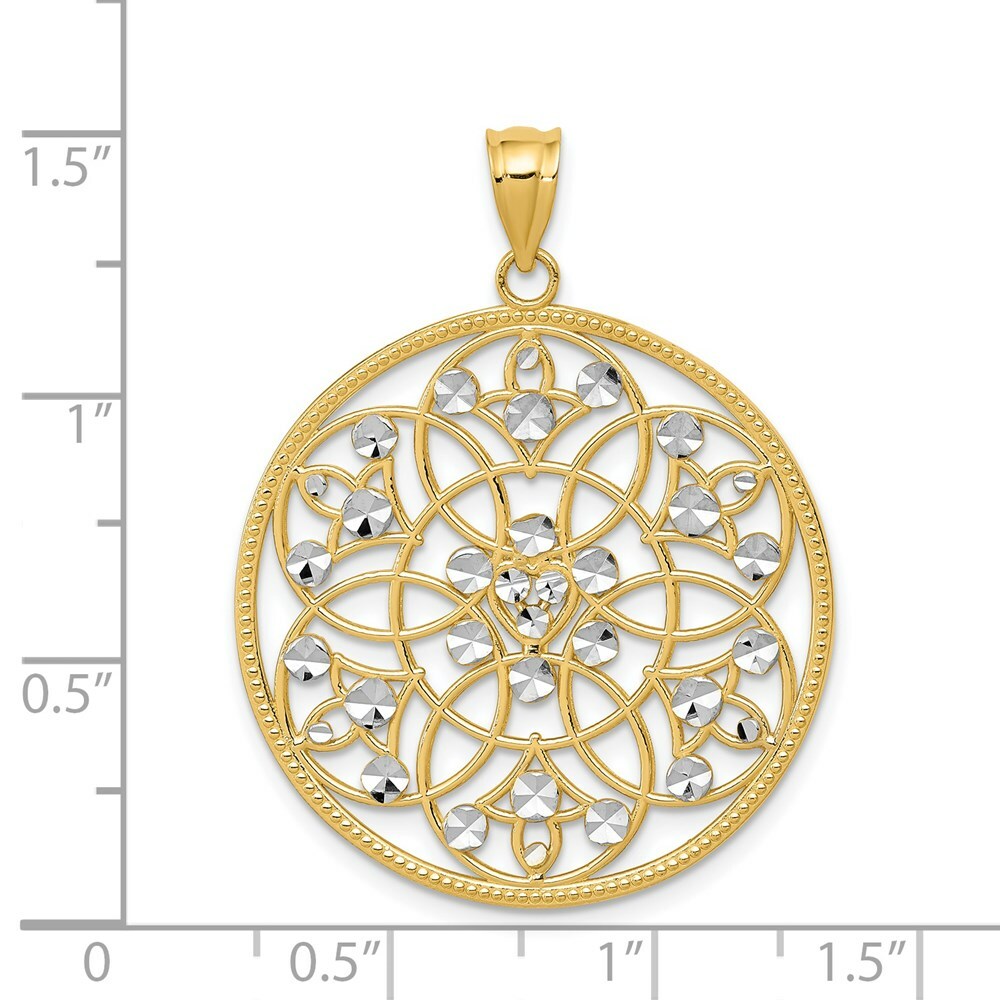 14K Yellow Gold and Rhodium Diamond-cut Circle Pendant