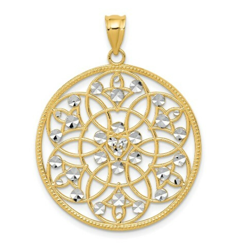 14K Yellow Gold and Rhodium Diamond-cut Circle Pendant