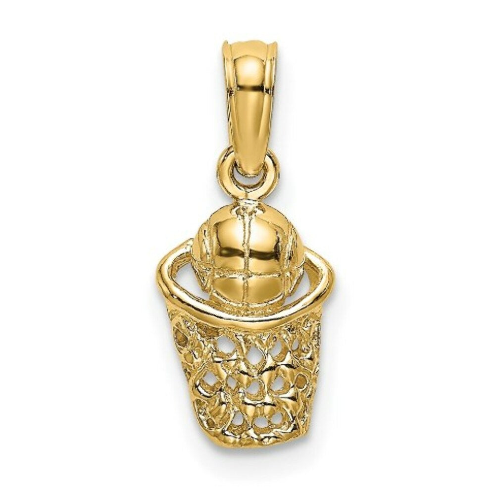 14K Yellow Gold Basketball With Net Charm Pendant