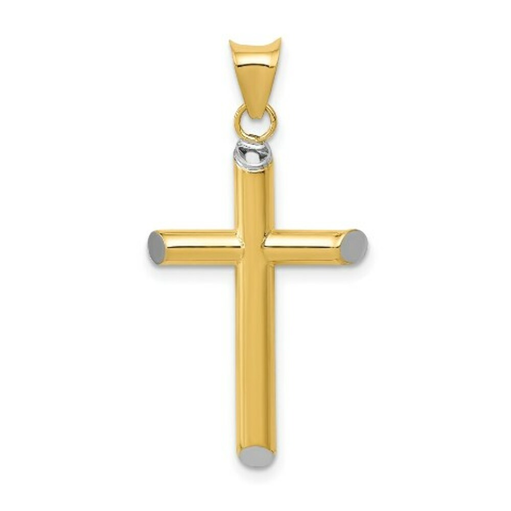 14K Yellow Gold with Rhodium Accent 3-D Hollow Cross Pendant 34mm length