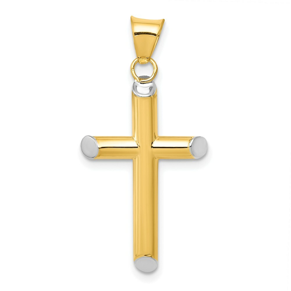 14K Yellow Gold w/Rhodium 3-D Hollow Cross Pendant 33mm length