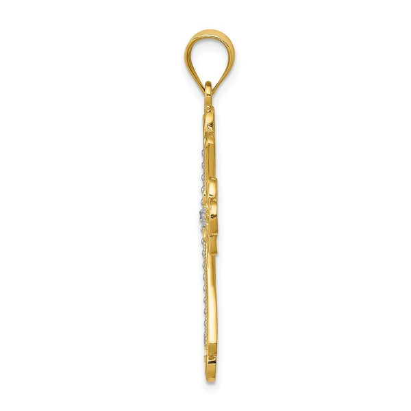 14K Yellow Gold w/Rhodium Budded Cross Pendant