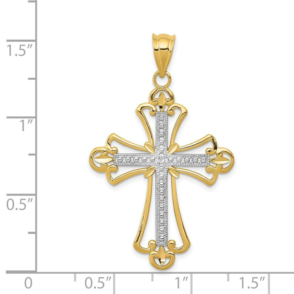 14K Yellow Gold w/Rhodium Budded Cross Pendant