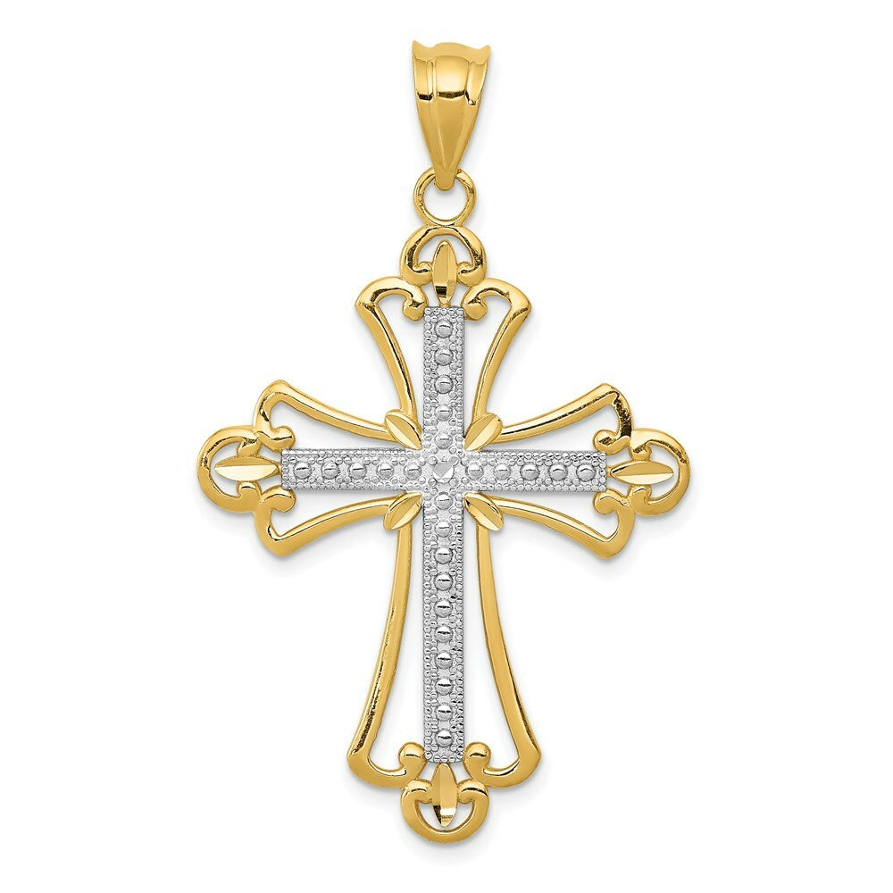 14K Yellow Gold w/Rhodium Budded Cross Pendant